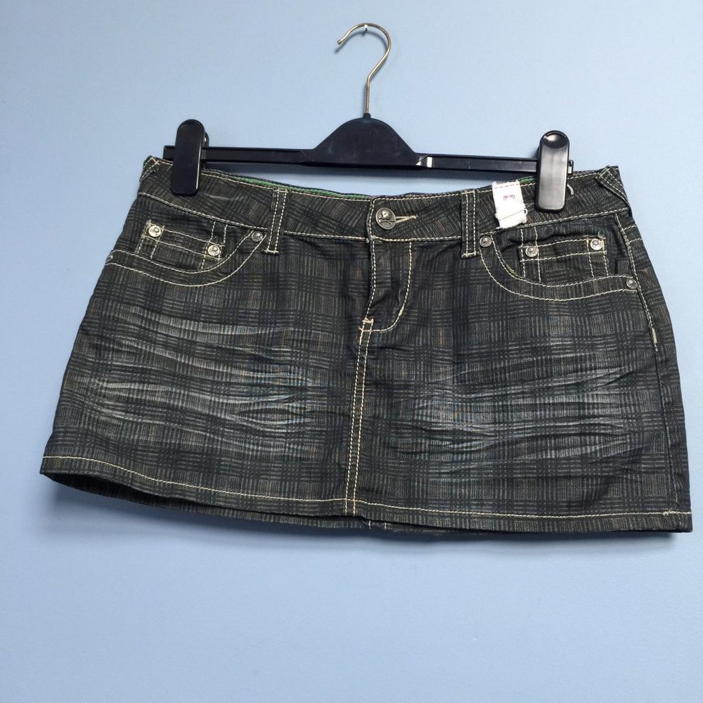 YNQ Plaid Mini Denim Jean Skirt